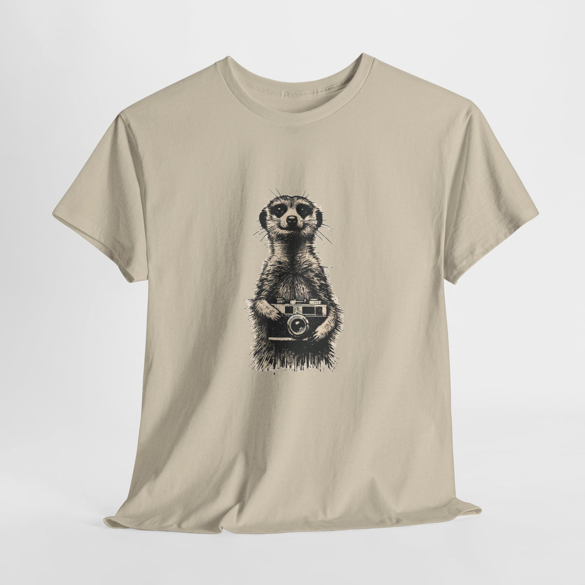 Meerkat t-shirt with a wide-eyed meerkat holding a vintage camera