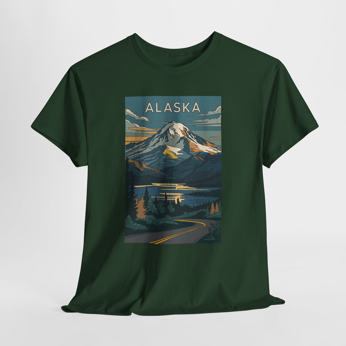 Alaska vintage mountain poster t-shirt with peaks, a lake and evergreen trees