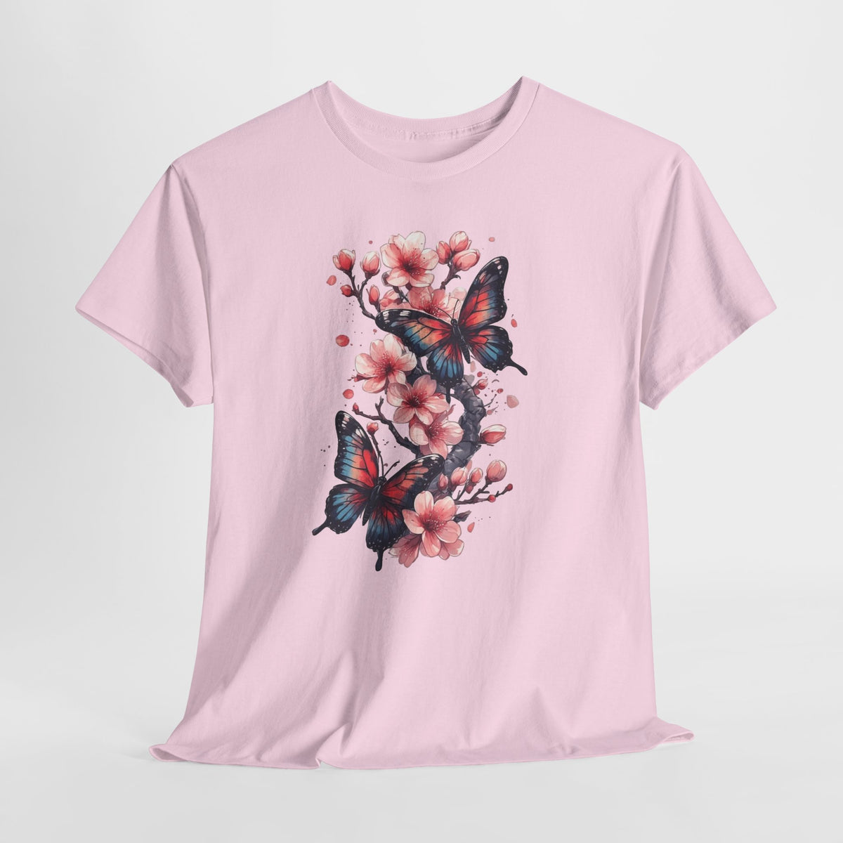 Floral t-shirt with two watercolor butterflies among pink cherry blossoms