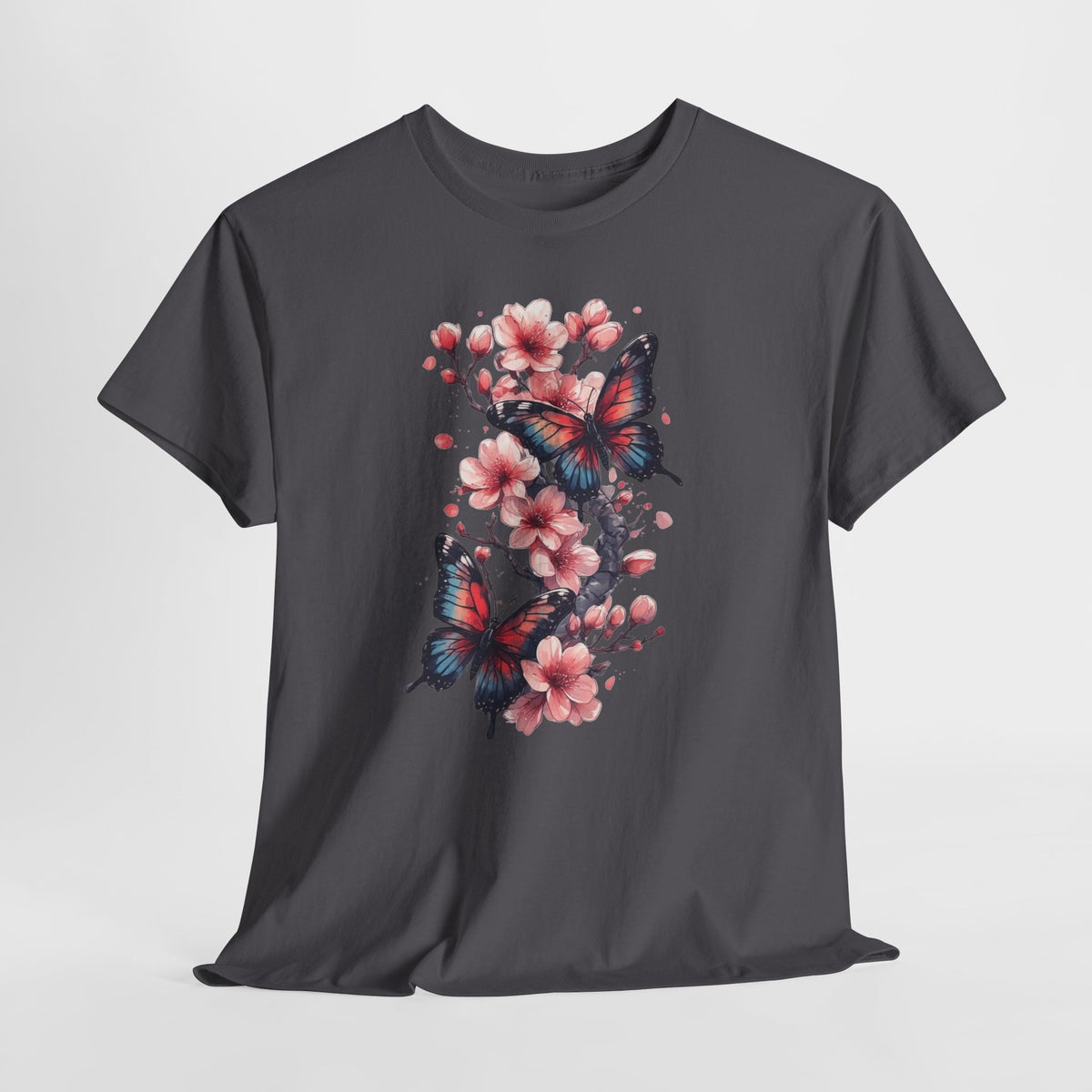 Floral t-shirt with two watercolor butterflies among pink cherry blossoms