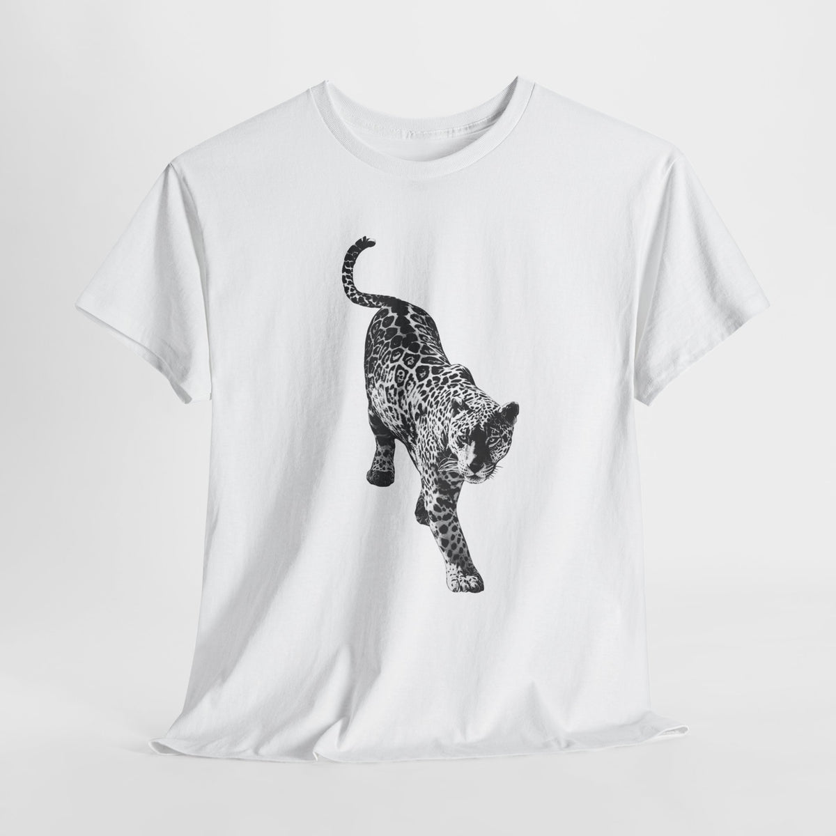 Black leopard t-shirt with a detailed monochrome leopard illustration