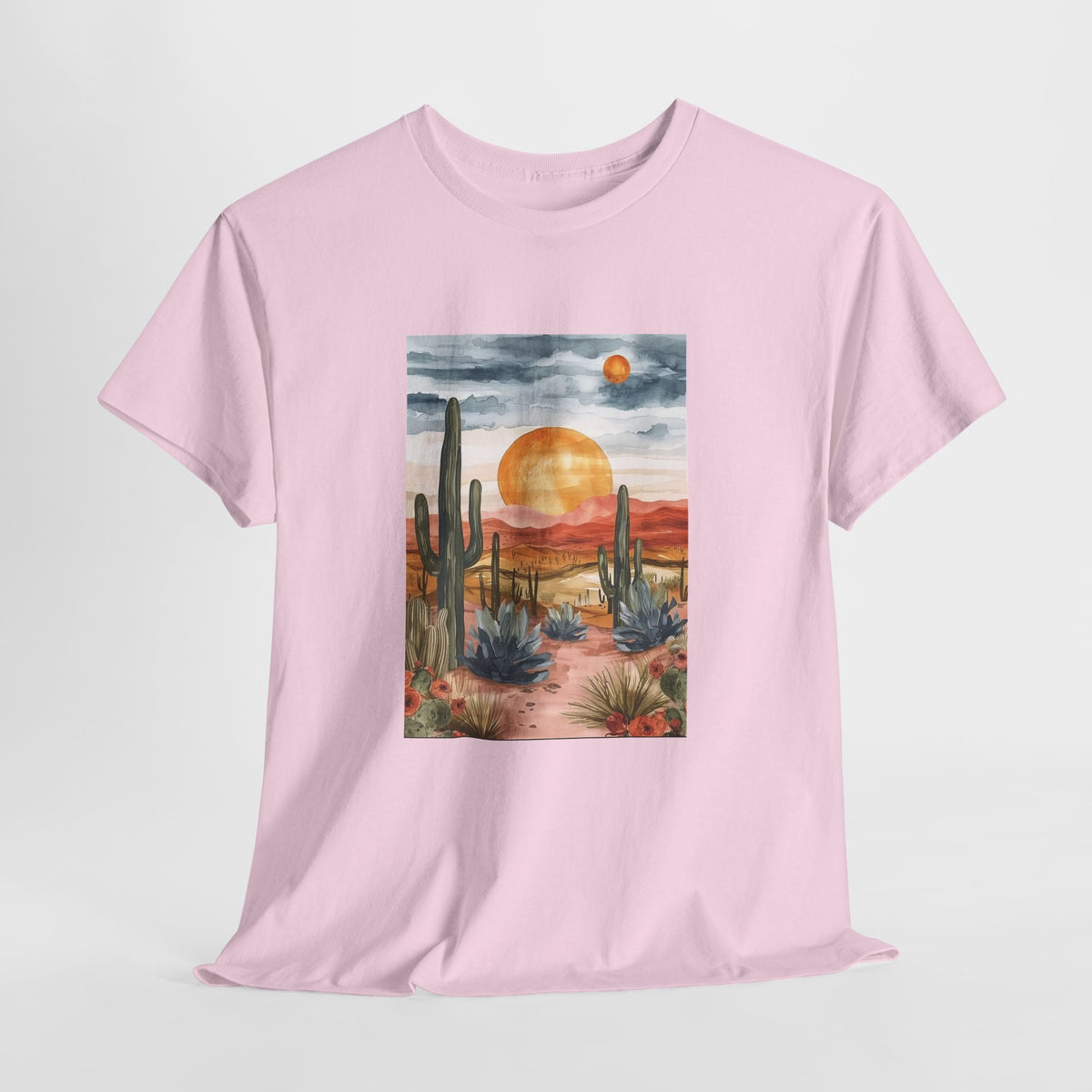 Desert sunset t-shirt with watercolor saguaro cacti and an amber sun