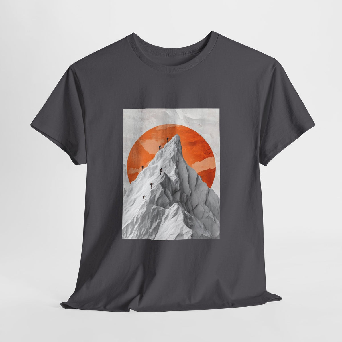 Climbing t-shirt with mountain climbers on a jagged peak under an orange sun