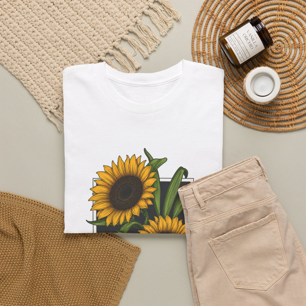 Botanical sunflower t-shirt with a framed vintage sunflower illustration