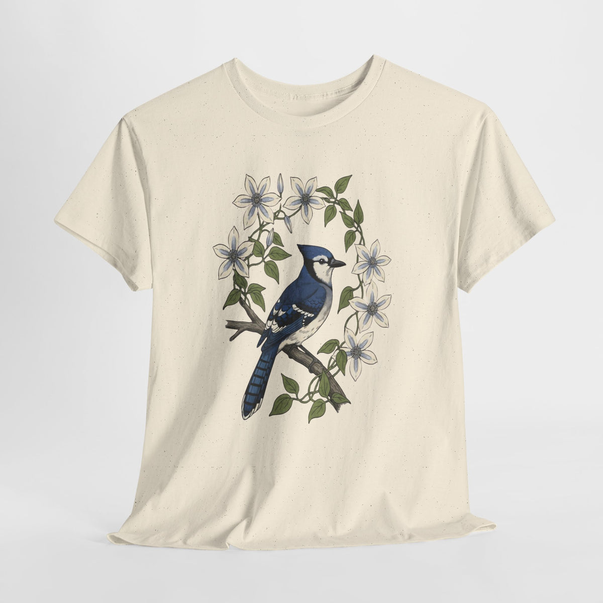 Blue jay t-shirt with a watercolor blue jay among white blossoms