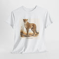 Cheetah t-shirt with a watercolor cheetah (Acinonyx jubatus) among savanna grasses