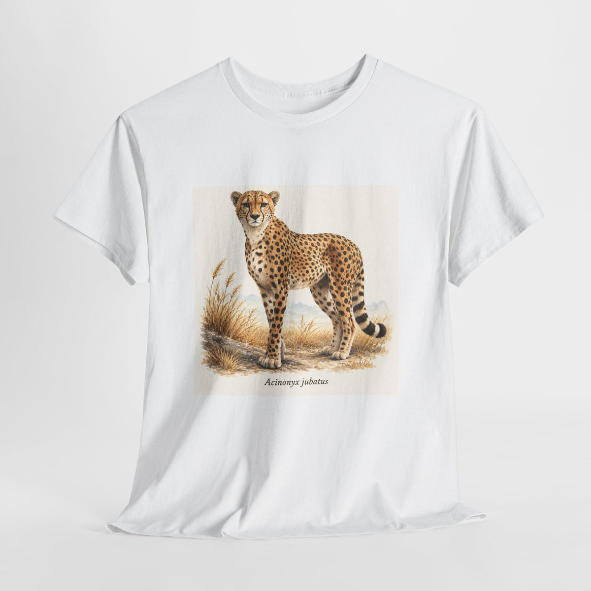 Cheetah t-shirt with a watercolor cheetah (Acinonyx jubatus) among savanna grasses