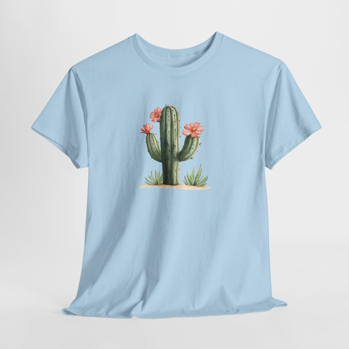 Watercolor cactus t-shirt with a flowering cactus in soft earthy colors