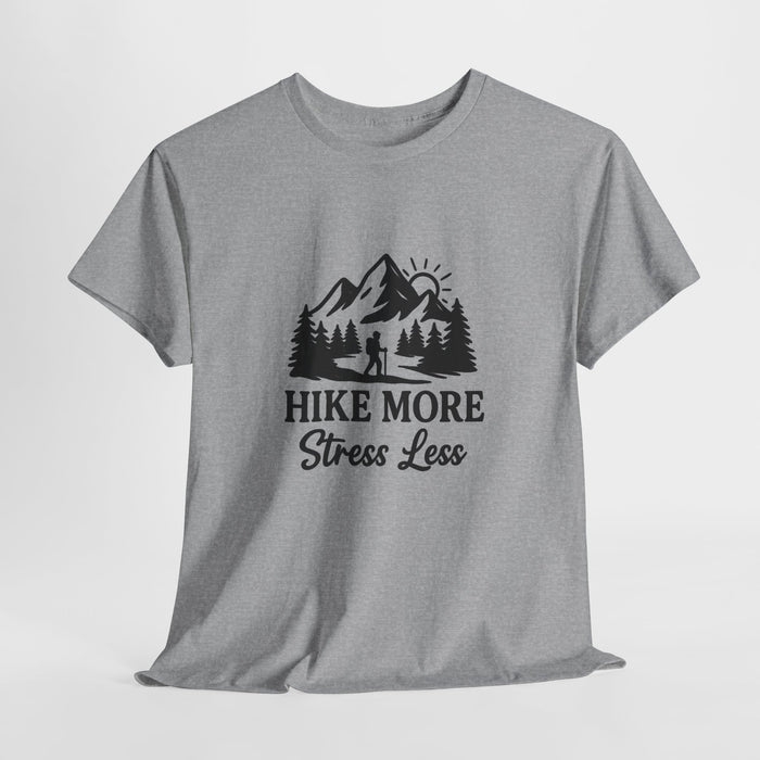 Hike More Stress Less t-shirt with mountains, trees and a lone hiker under a rising sun