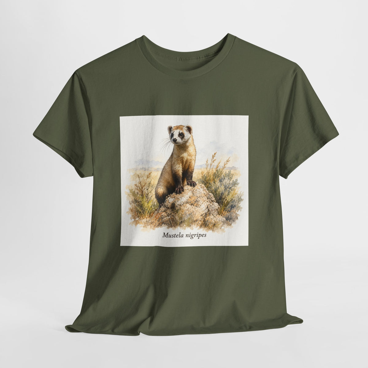 Black-footed ferret t-shirt with a ferret illustration among windswept grasses