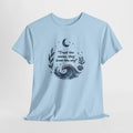 Ocean t-shirt with navy watercolor waves, a crescent moon and 'Trust the waves' text