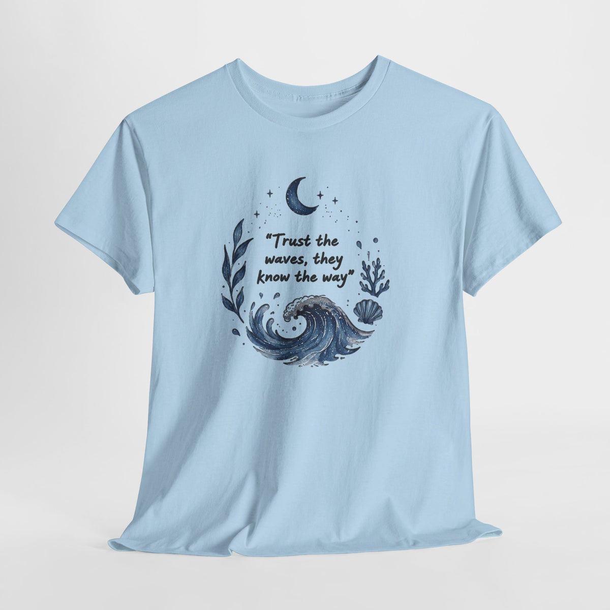 Ocean t-shirt with navy watercolor waves, a crescent moon and 'Trust the waves' text