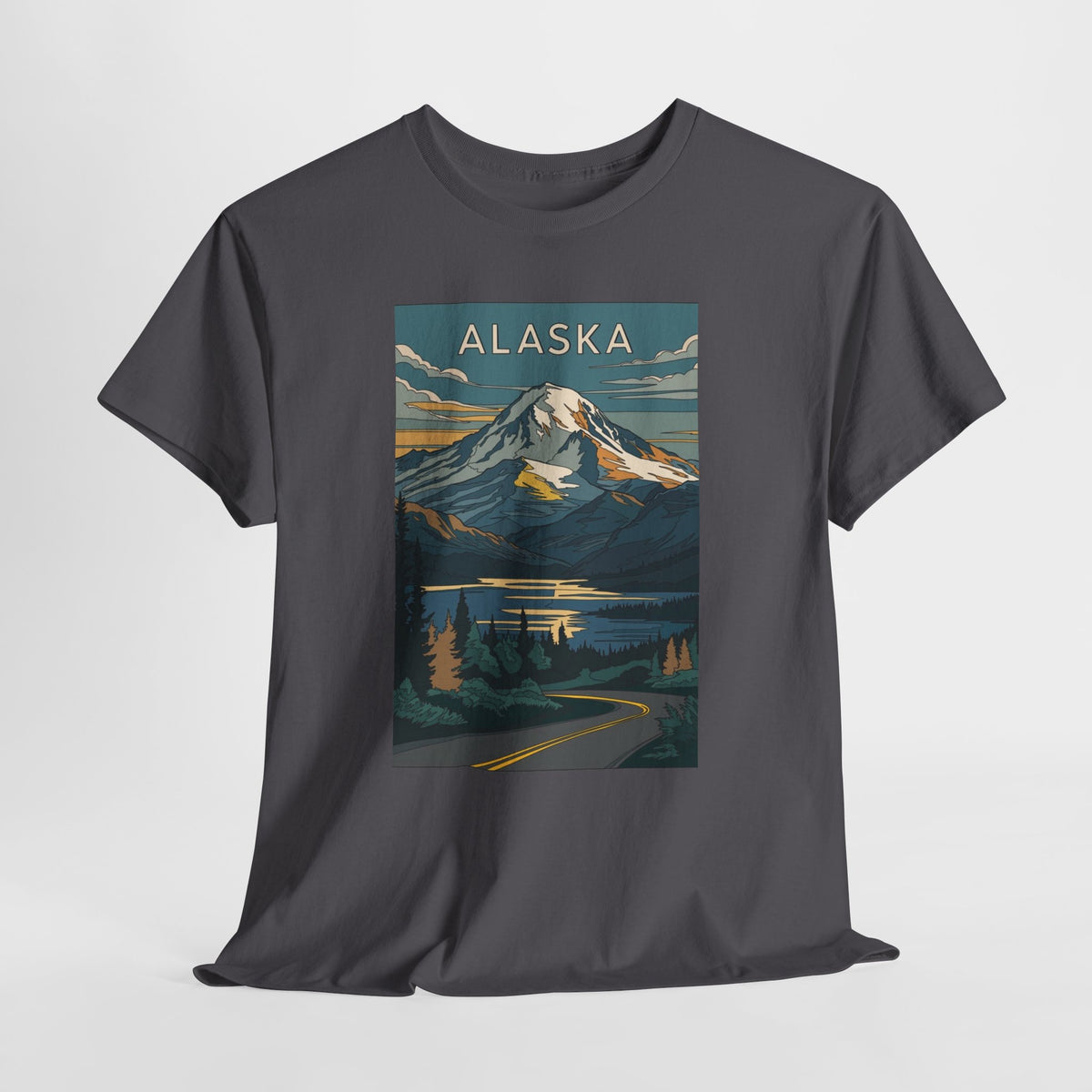 Alaska vintage mountain poster t-shirt with peaks, a lake and evergreen trees
