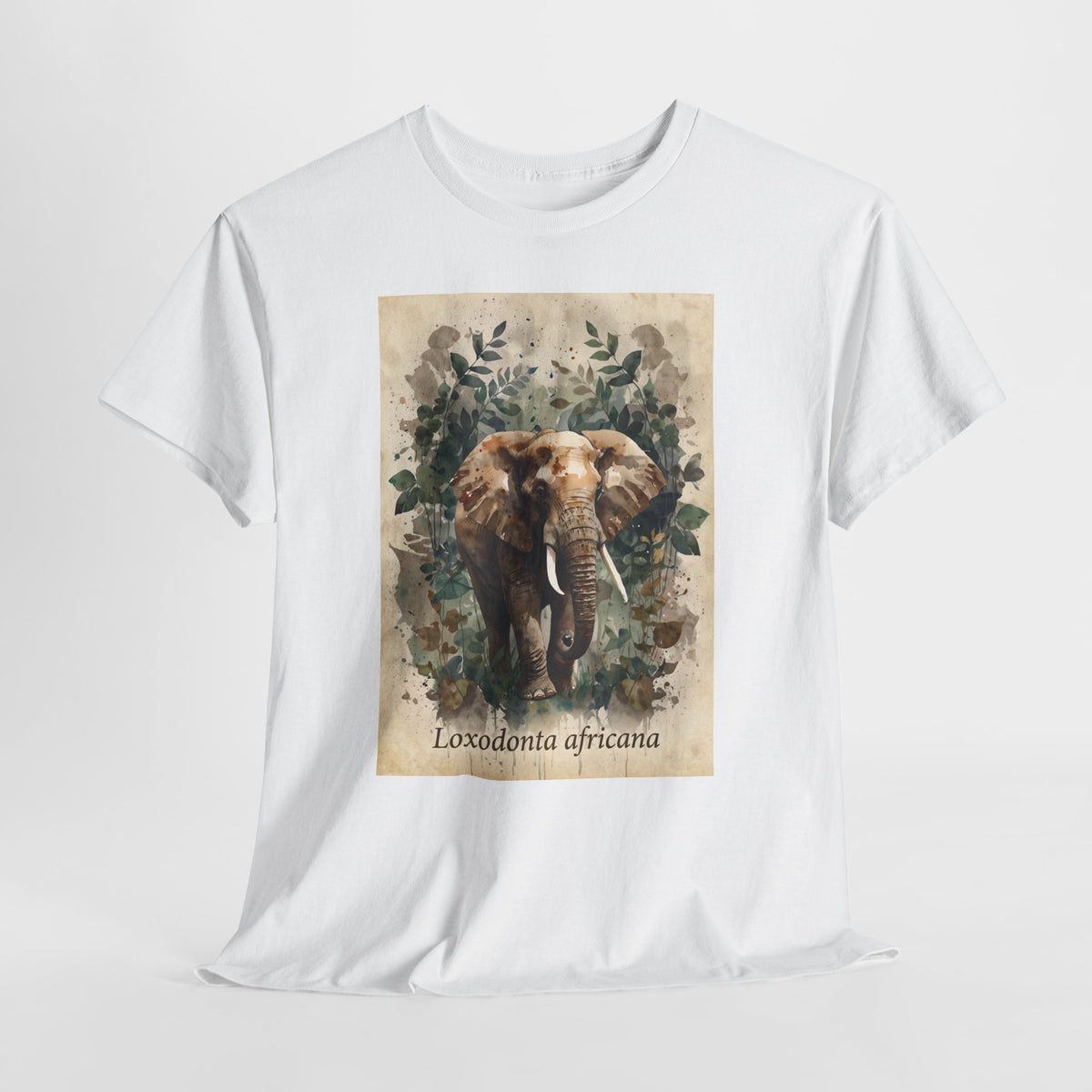 African elephant t-shirt with a watercolor elephant labelled Loxodonta africana