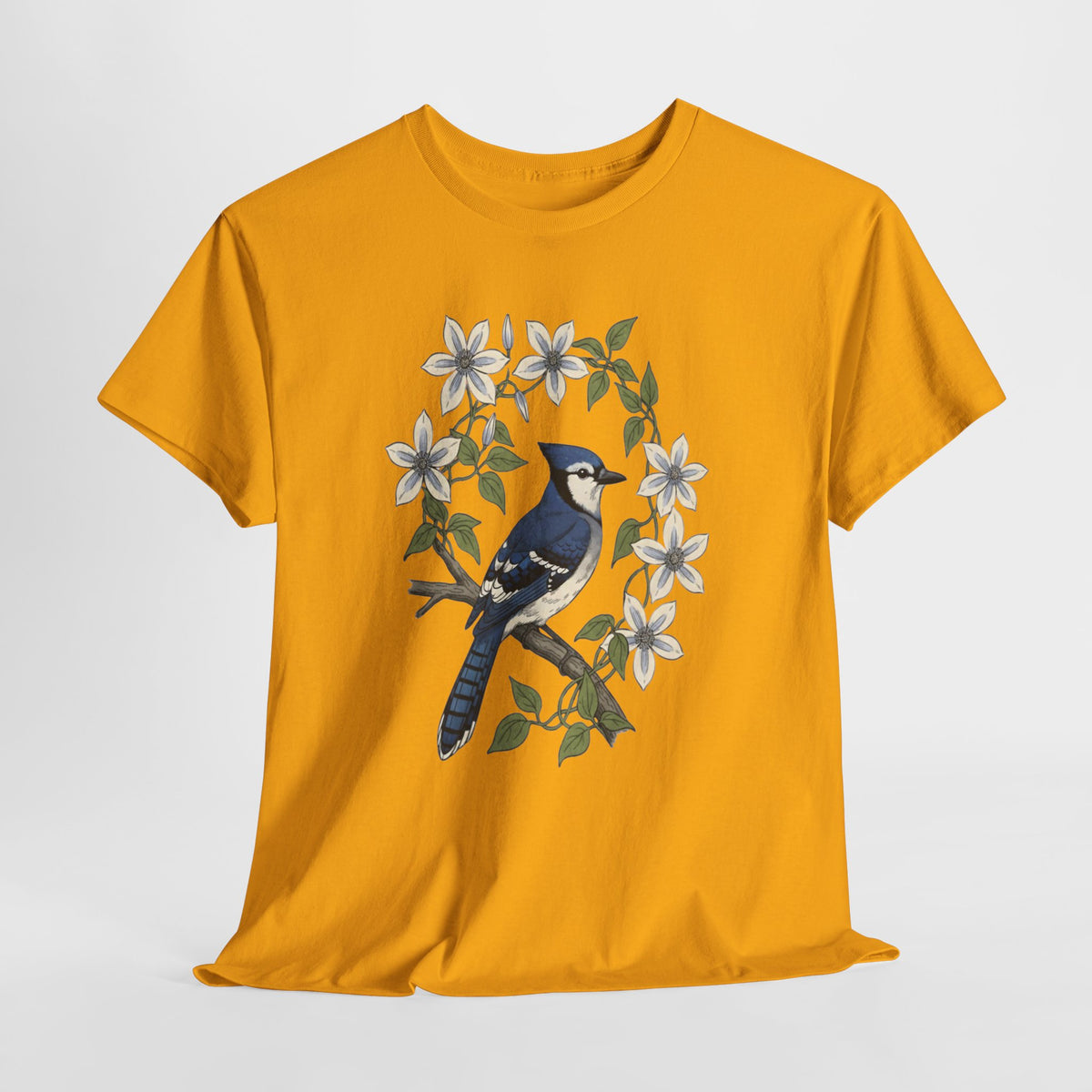 Blue jay t-shirt with a watercolor blue jay among white blossoms
