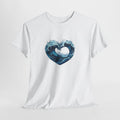 Ocean t-shirt with a painted wave curling into a heart shape