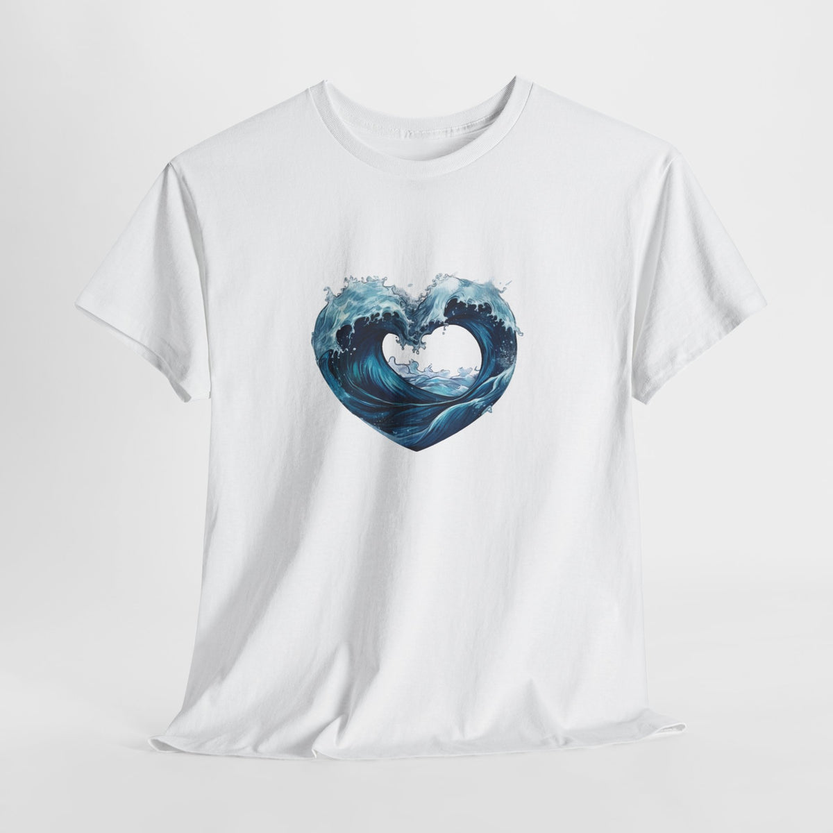 Ocean t-shirt with a painted wave curling into a heart shape