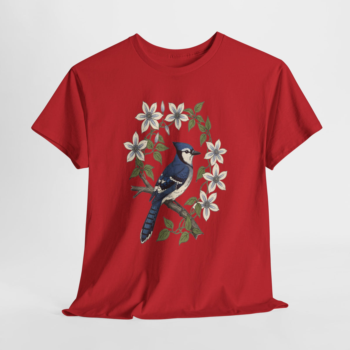 Blue jay t-shirt with a watercolor blue jay among white blossoms