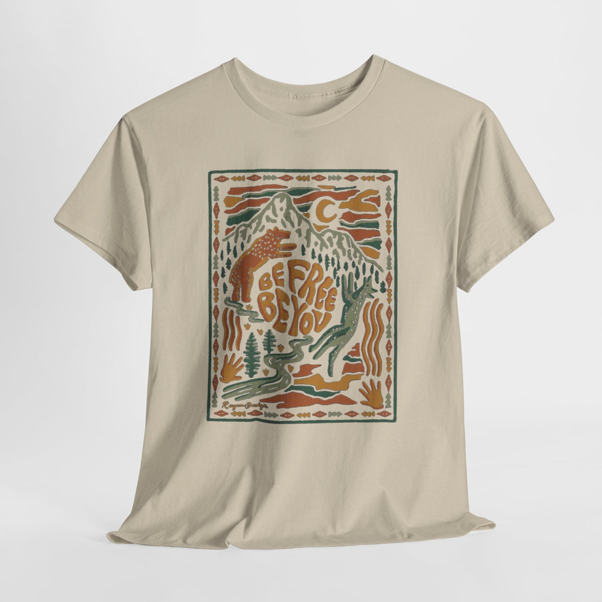 Be Free Be You t-shirt with a vintage hand-drawn mountain scene