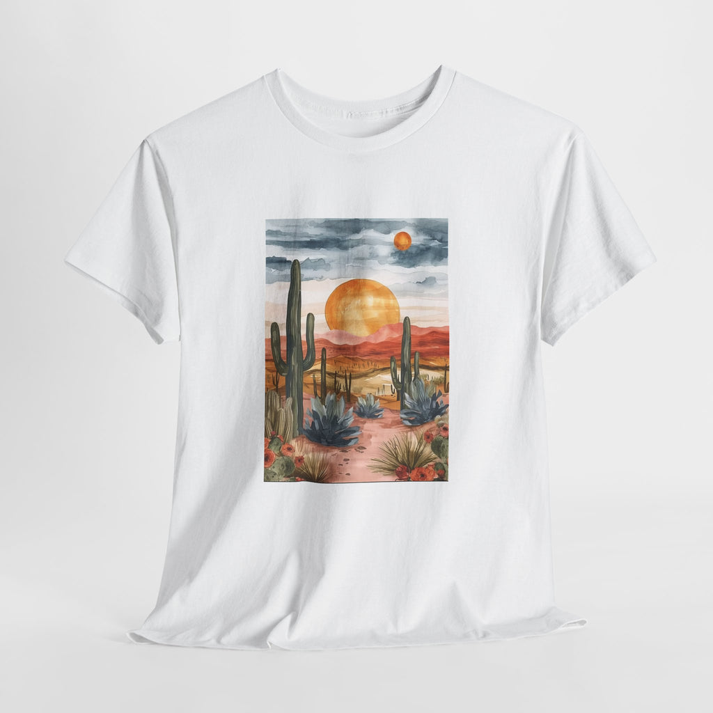 Desert sunset t-shirt with watercolor saguaro cacti and an amber sun