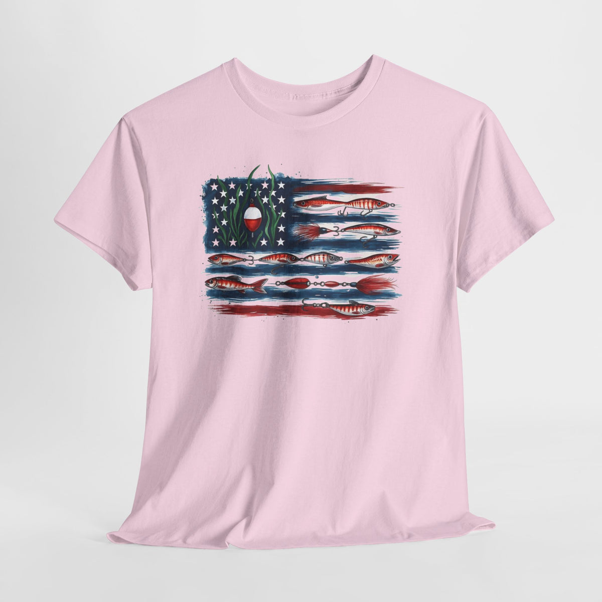 American flag fishing t-shirt with a distressed, hand-painted American flag
