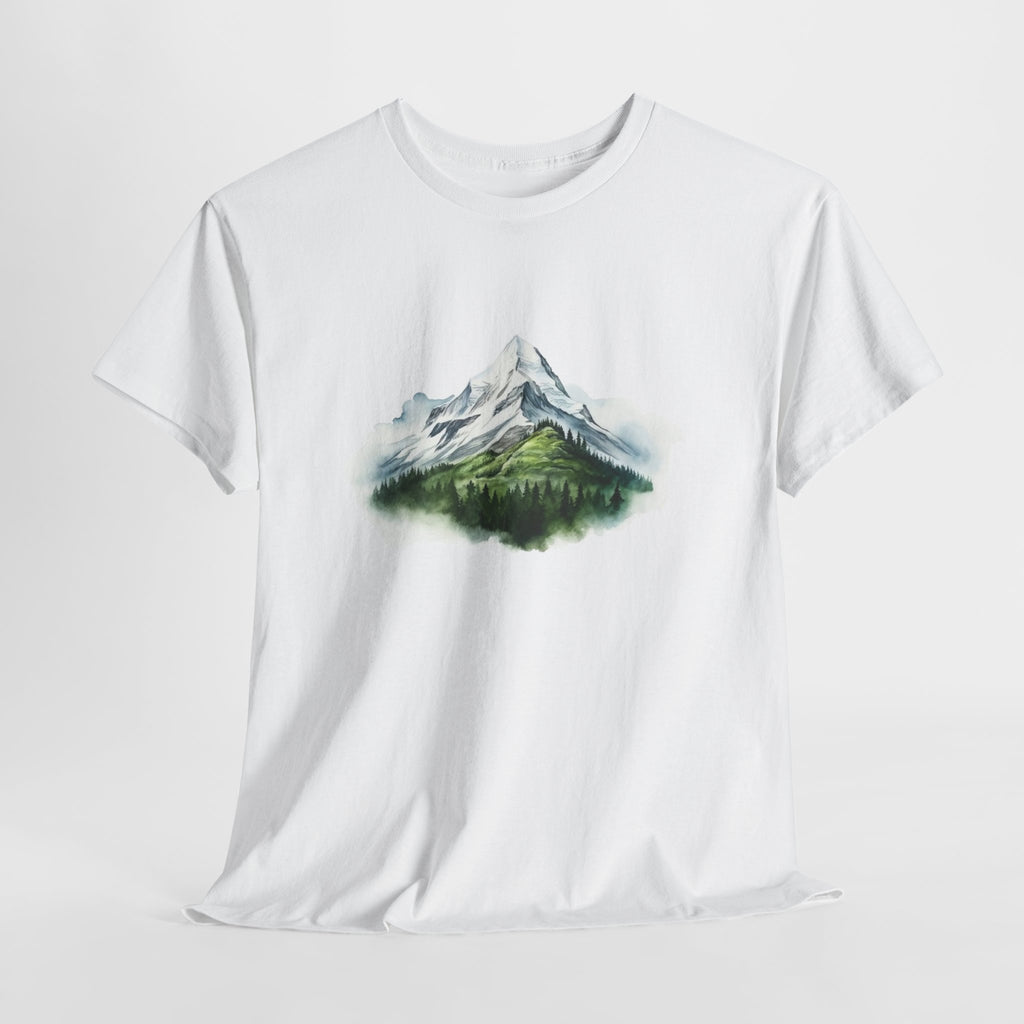 Mountain t-shirt with a watercolor peak and rolling green foothills