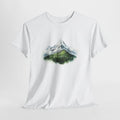 Mountain t-shirt with a watercolor peak and rolling green foothills
