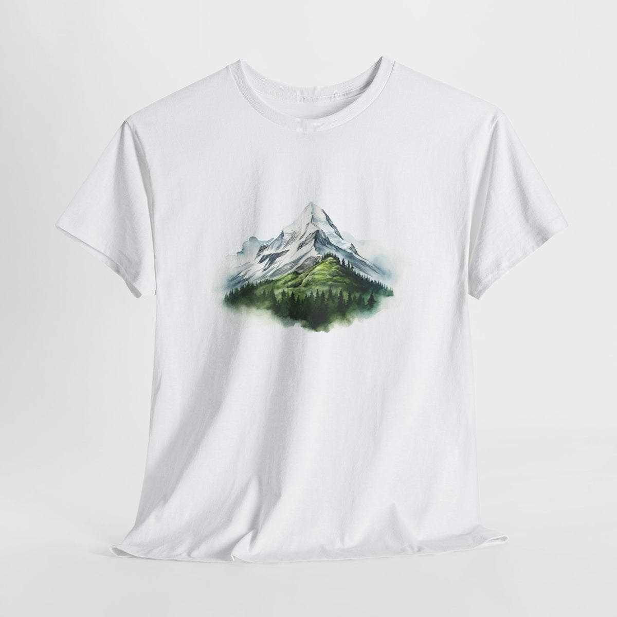Mountain t-shirt with a watercolor peak and rolling green foothills