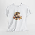 Hedgehog t-shirt with a hand-drawn hedgehog among autumn leaves