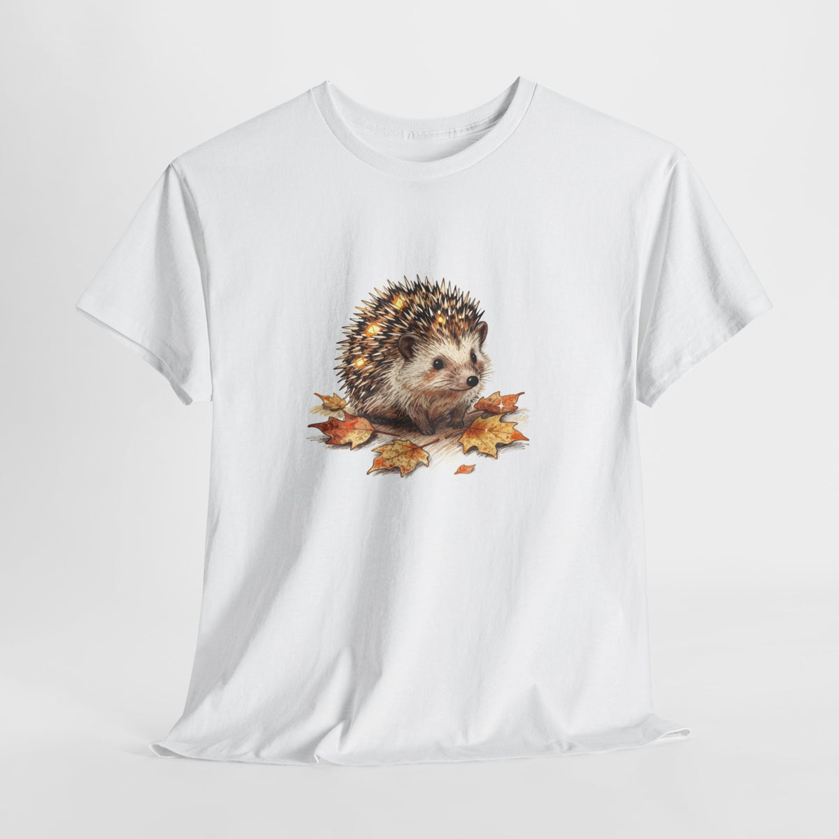 Hedgehog t-shirt with a hand-drawn hedgehog among autumn leaves