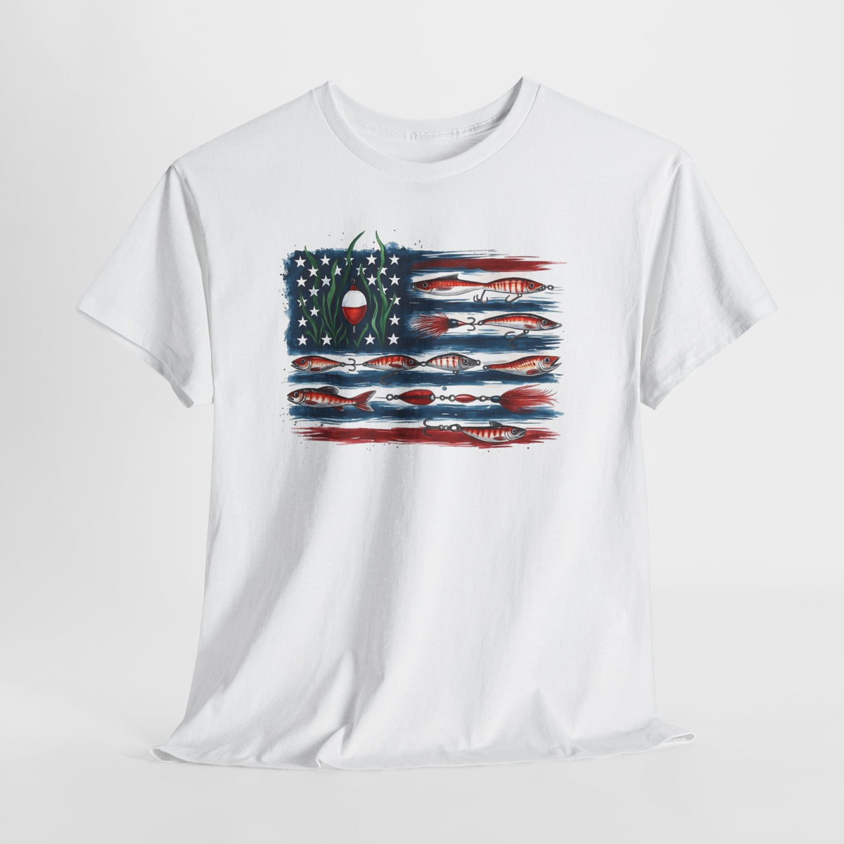 American flag fishing t-shirt with a distressed, hand-painted American flag