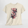 Floral t-shirt with two watercolor butterflies among pink cherry blossoms
