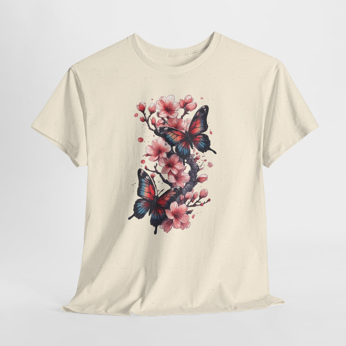 Floral t-shirt with two watercolor butterflies among pink cherry blossoms