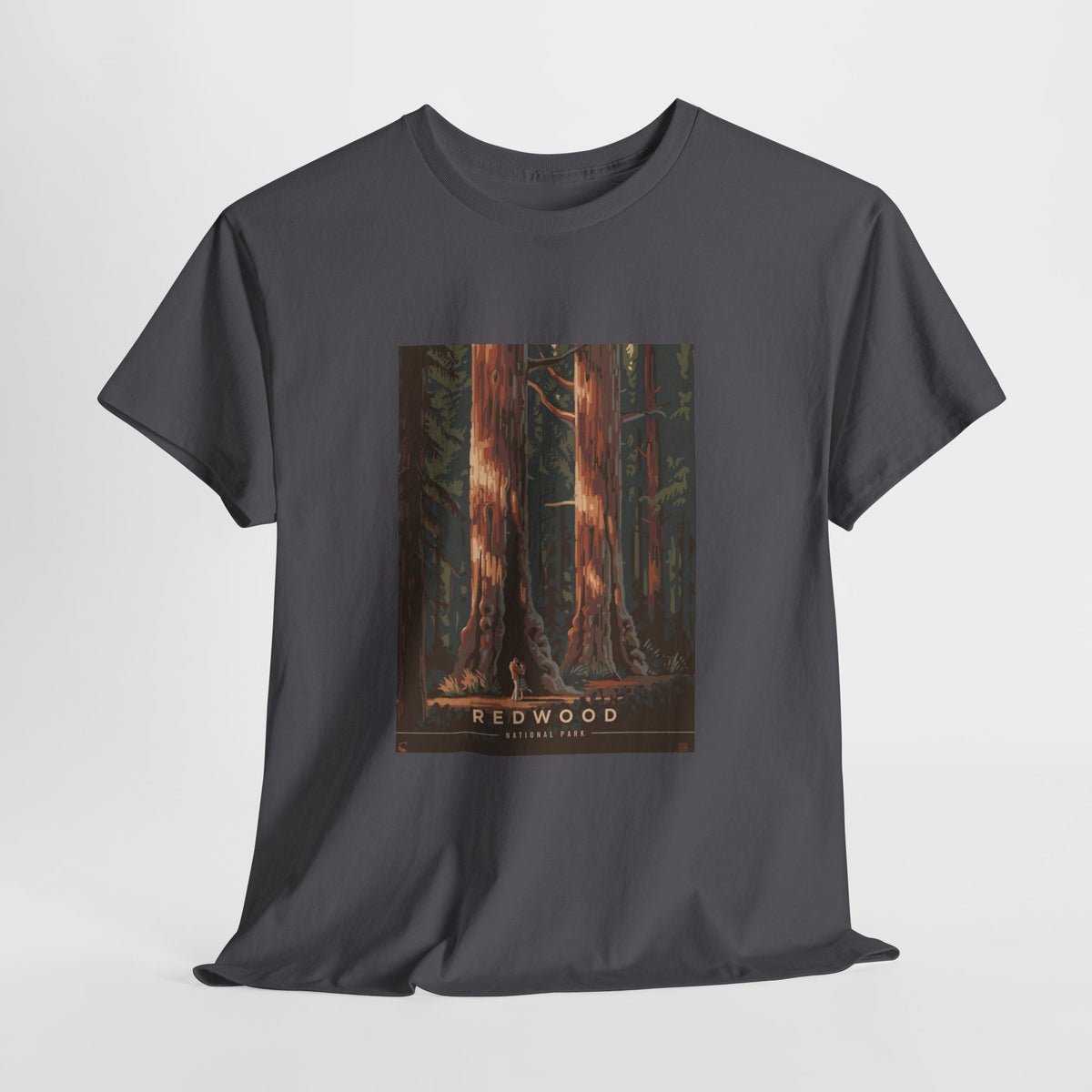 Redwood tree t-shirt with towering redwood trunks in warm dusk light