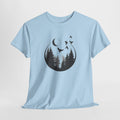 Forest t-shirt with pine silhouettes inside a crescent moon and flying birds