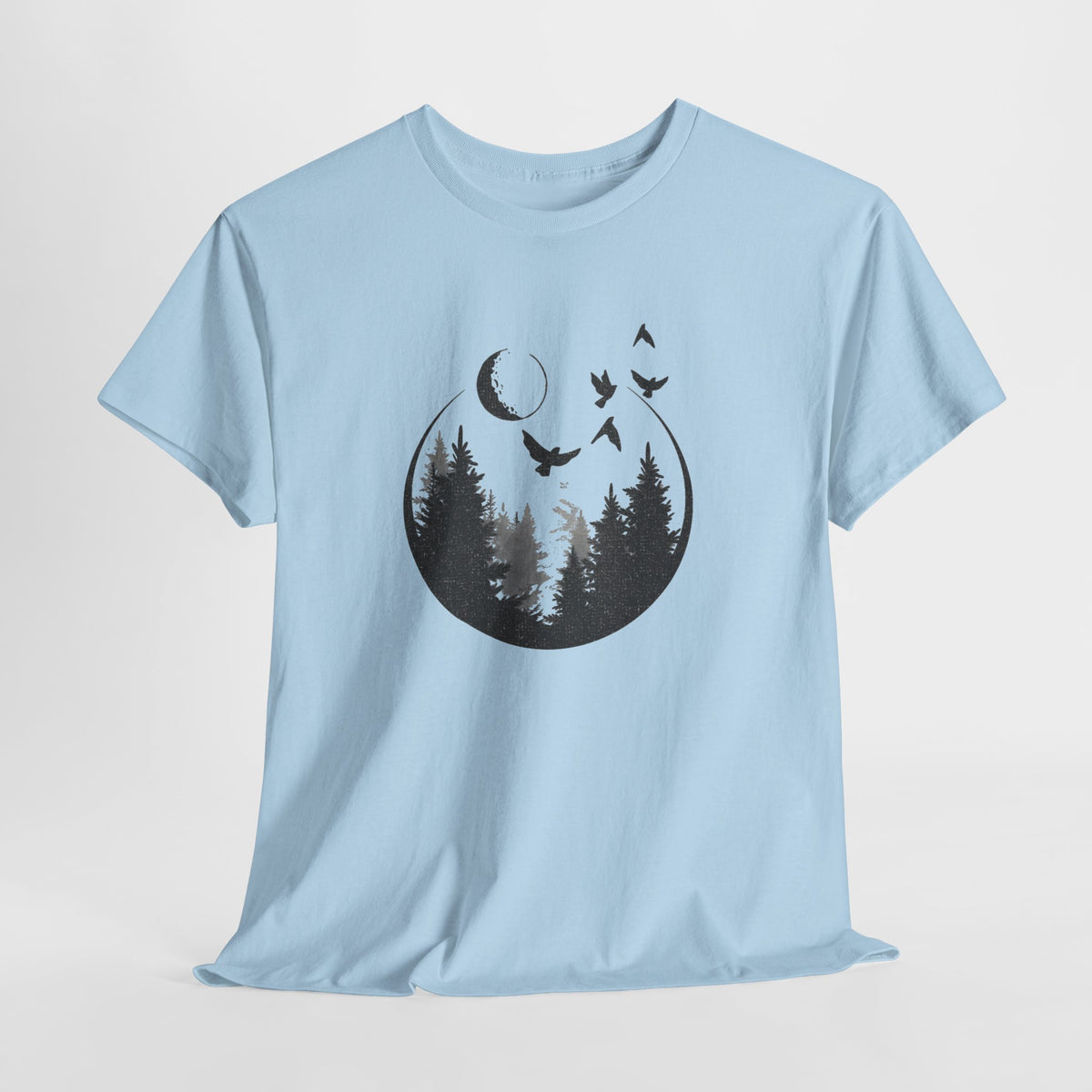 Forest t-shirt with pine silhouettes inside a crescent moon and flying birds