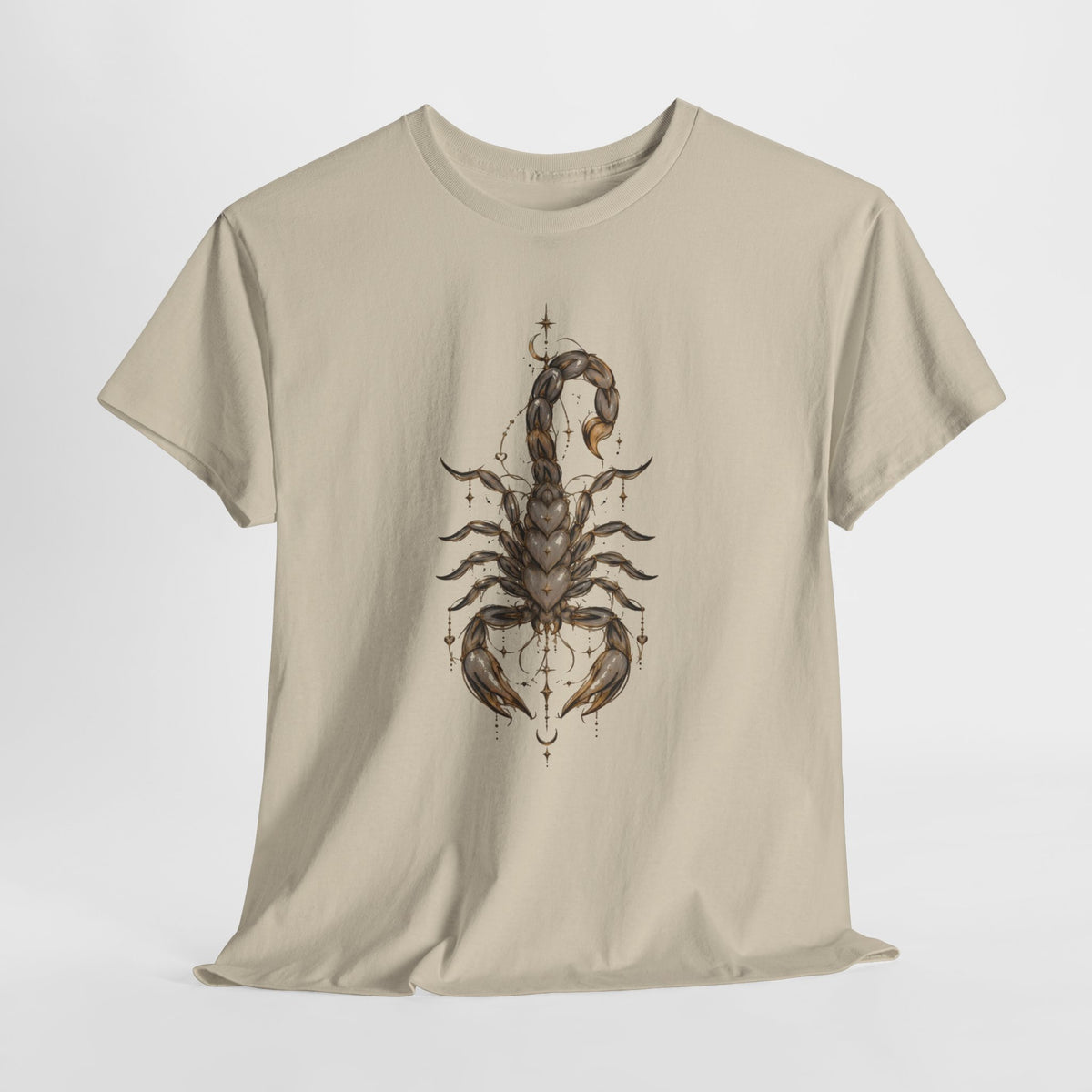 Scorpion sigil t-shirt with a detailed brown ink scorpion illustration