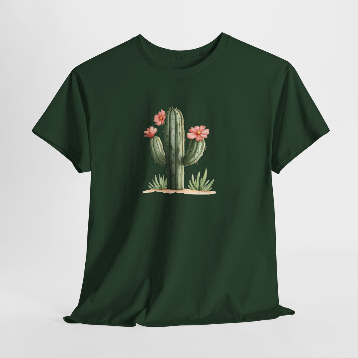 Watercolor cactus t-shirt with a flowering cactus in soft earthy colors