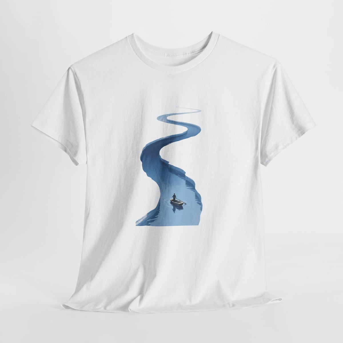 River t-shirt with a winding blue river and a lone paddler
