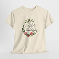 Floral t-shirt with 'Life is Beautiful' lettering inside a wreath of watercolor roses and leaves