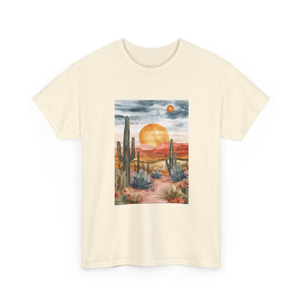 Desert sunset t-shirt with watercolor saguaro cacti and an amber sun