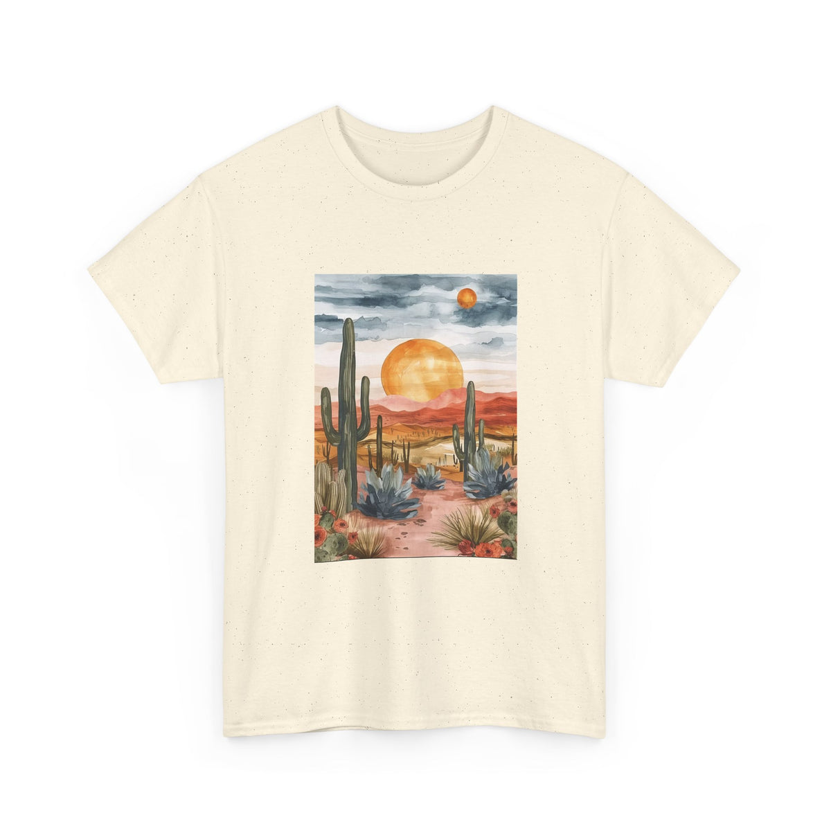 Desert sunset t-shirt with watercolor saguaro cacti and an amber sun