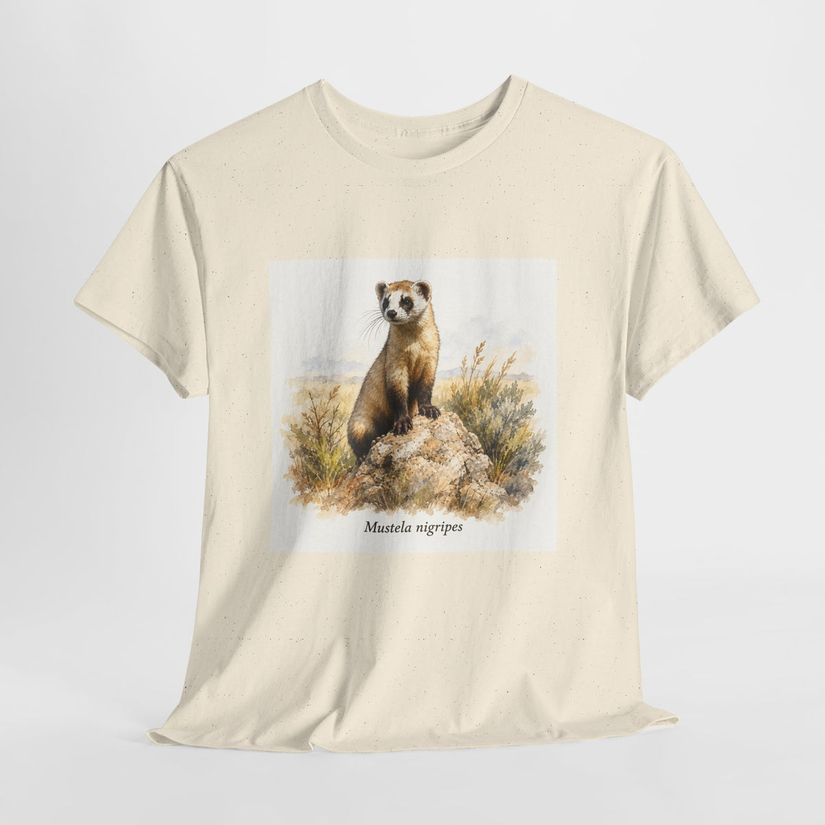 Black-footed ferret t-shirt with a ferret illustration among windswept grasses