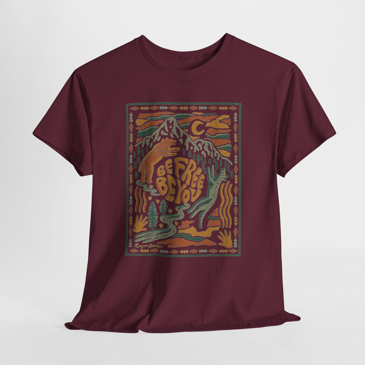 Be Free Be You t-shirt with a vintage hand-drawn mountain scene