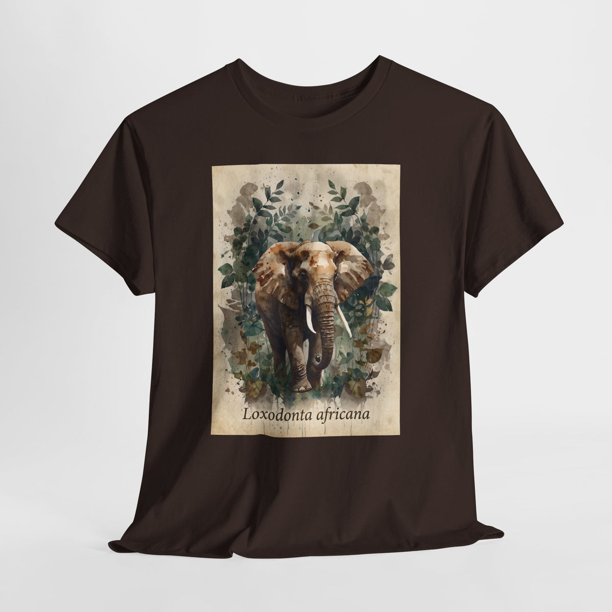 African elephant t-shirt with a watercolor elephant labelled Loxodonta africana
