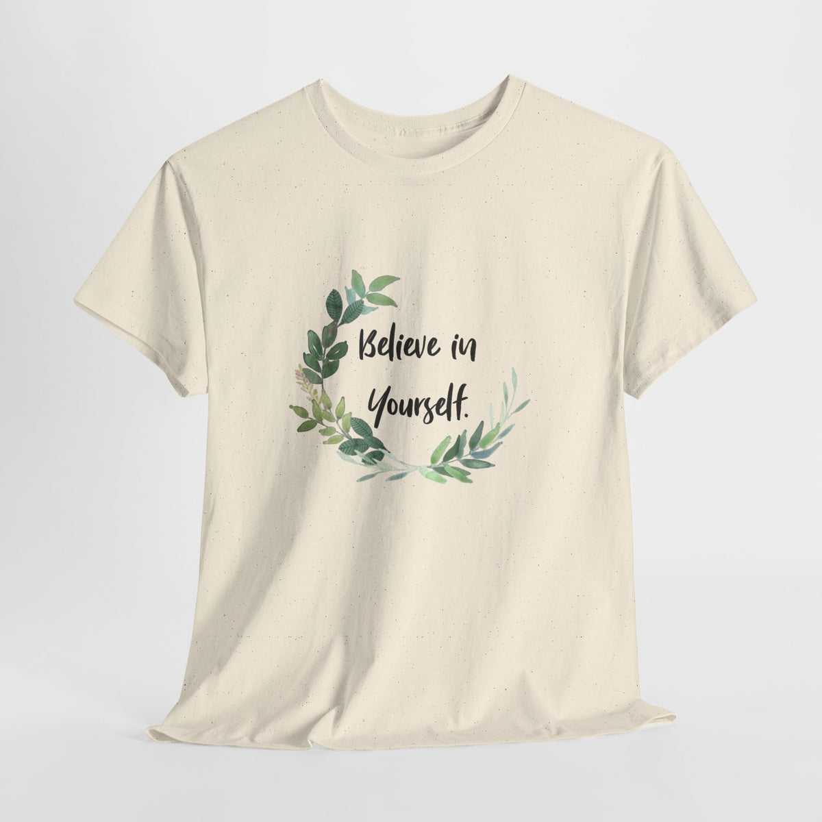 Inspirational t-shirt with 'Believe in Yourself' inside a watercolor leaf wreath