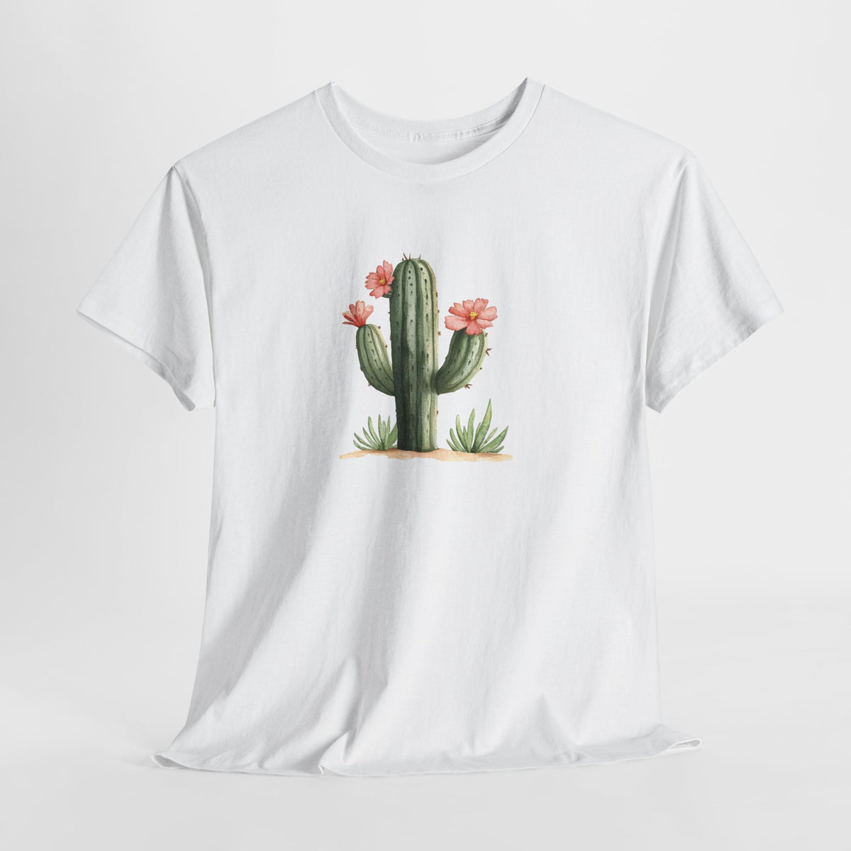 Watercolor cactus t-shirt with a flowering cactus in soft earthy colors