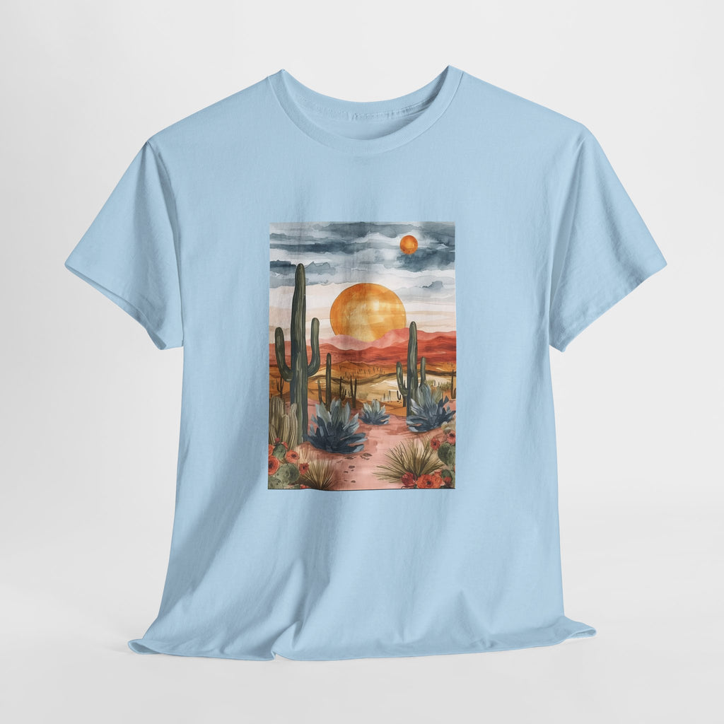 Desert sunset t-shirt with watercolor saguaro cacti and an amber sun