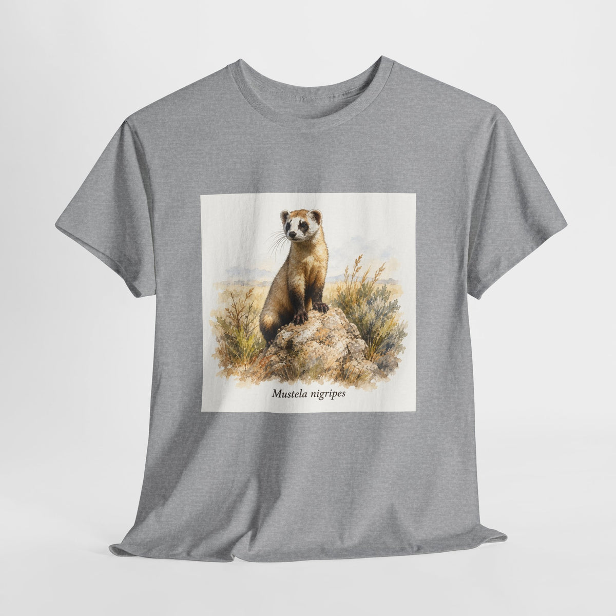 Black-footed ferret t-shirt with a ferret illustration among windswept grasses