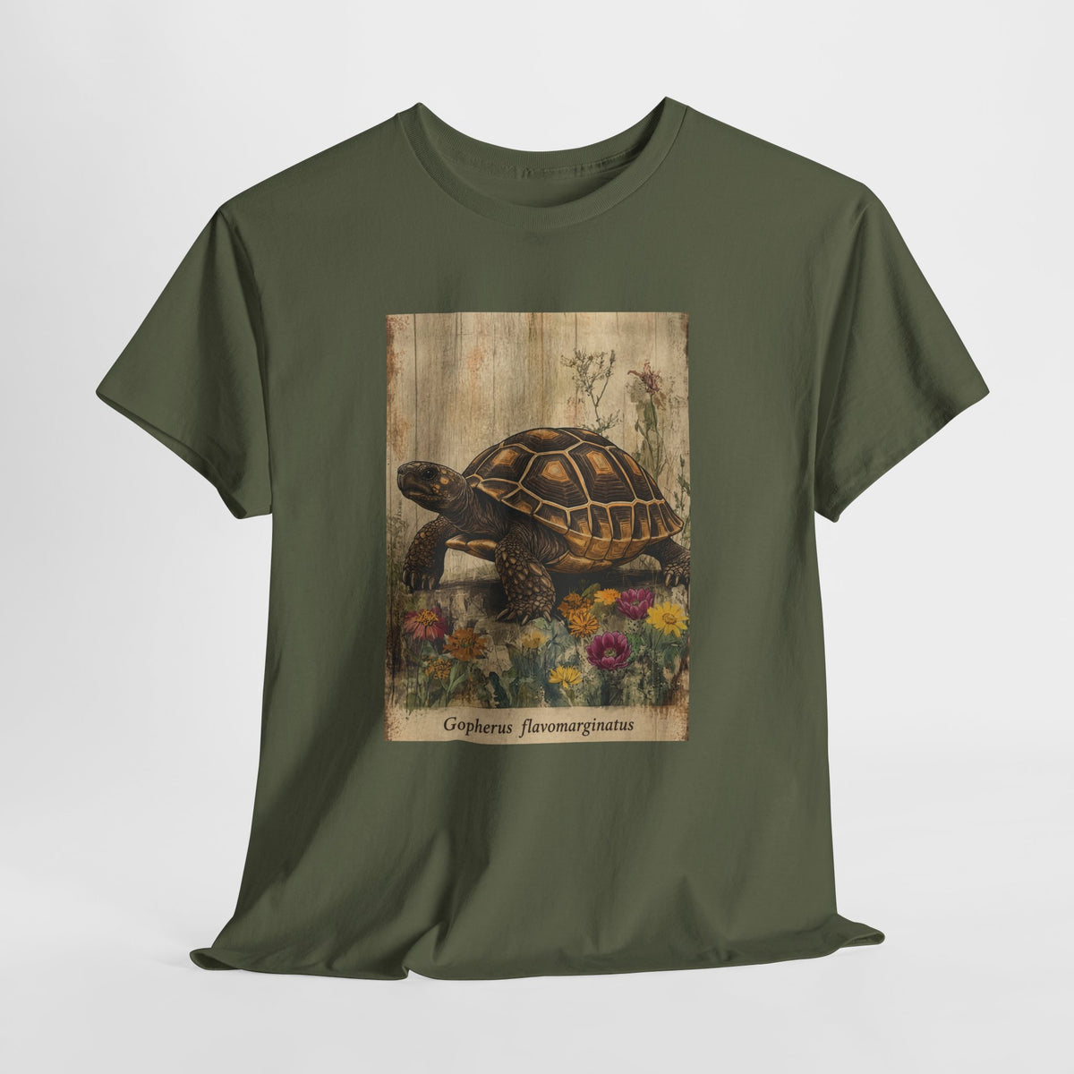Bolson tortoise t-shirt with a vintage tortoise among wildflowers